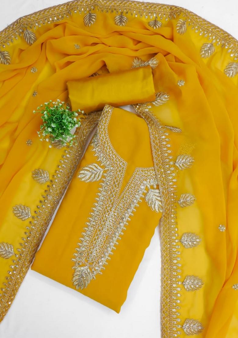 Yellow Solid Georgette Dress Material