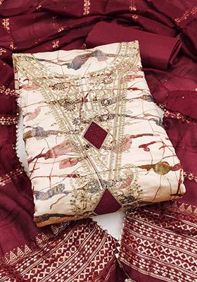 Cream Solid Chanderi Dress Material