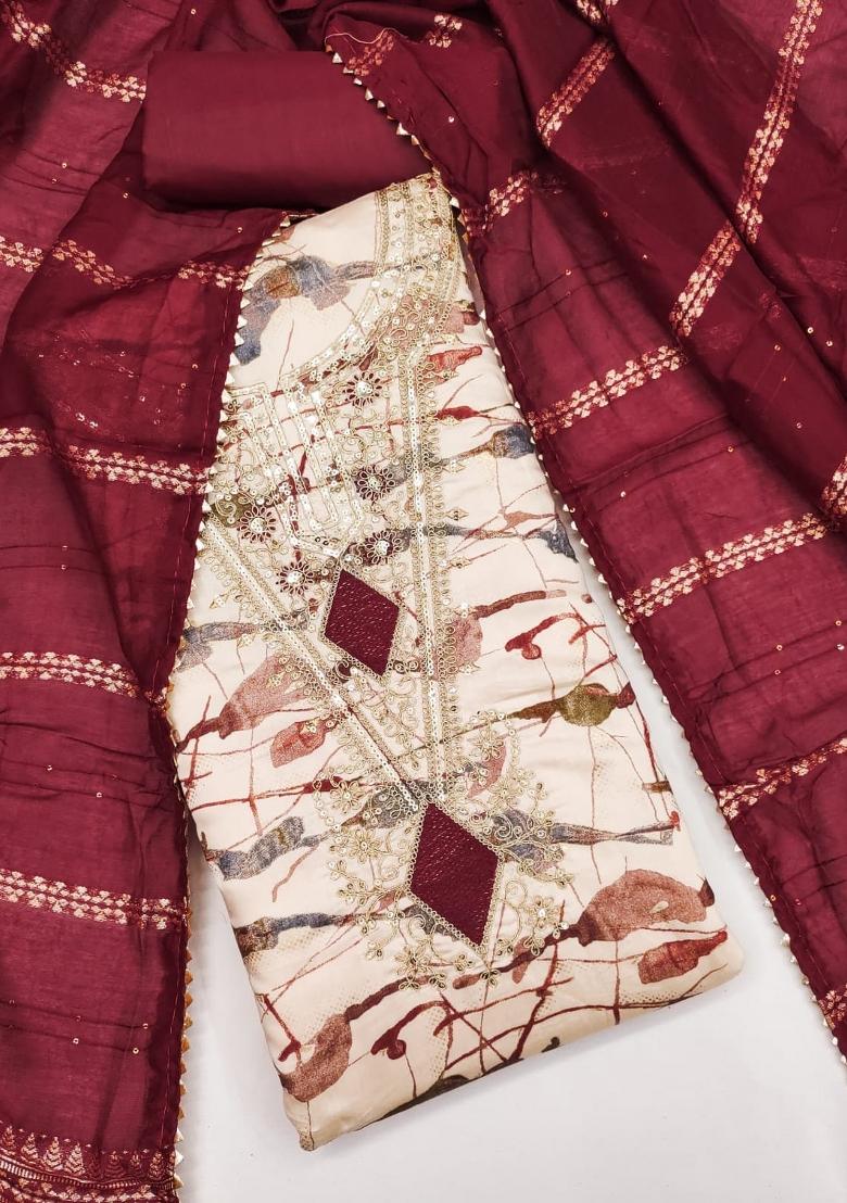 Cream Solid Chanderi Dress Material