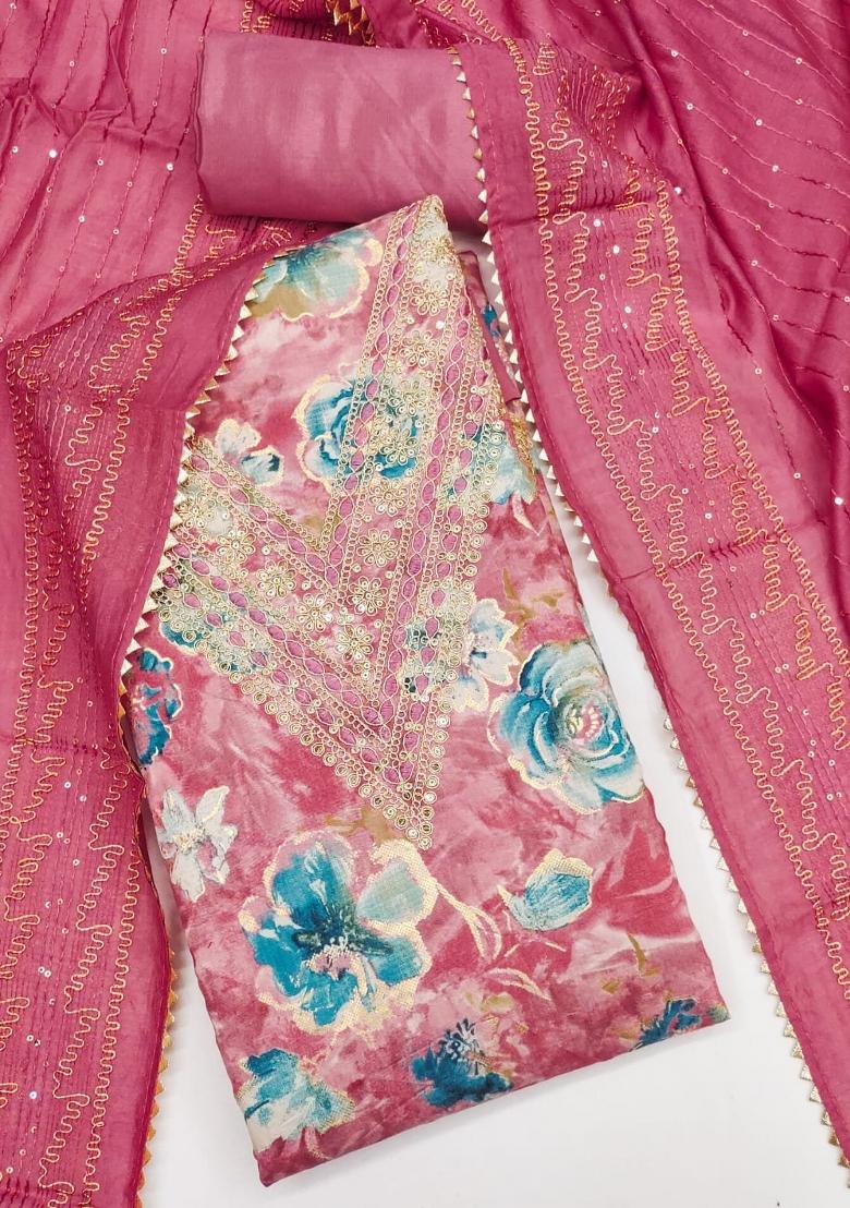 Pink Solid Chanderi Dress Material