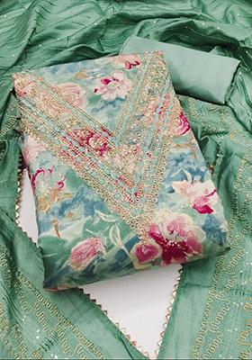 Olive Green Solid Chanderi Dress Material