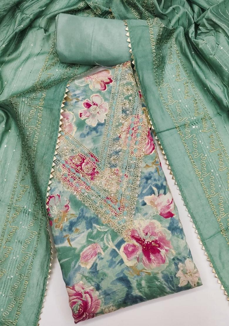 Olive Green Solid Chanderi Dress Material