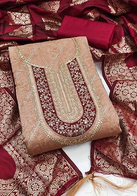 Brown Solid Chanderi Dress Material