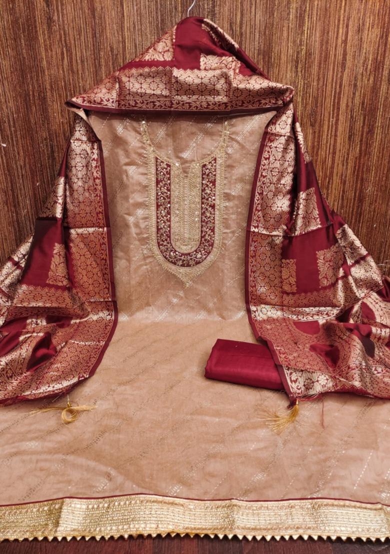 Brown Solid Chanderi Dress Material