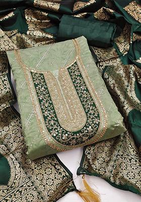 Green Solid Chanderi Dress Material