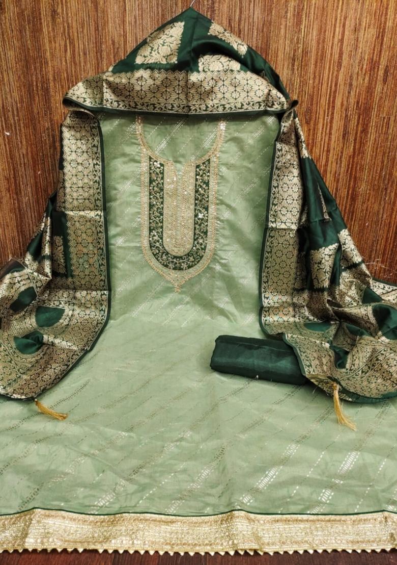 Green Solid Chanderi Dress Material