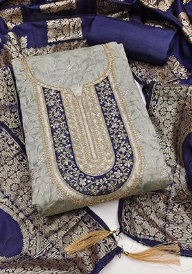 Teal Blue Solid Chanderi Dress Material