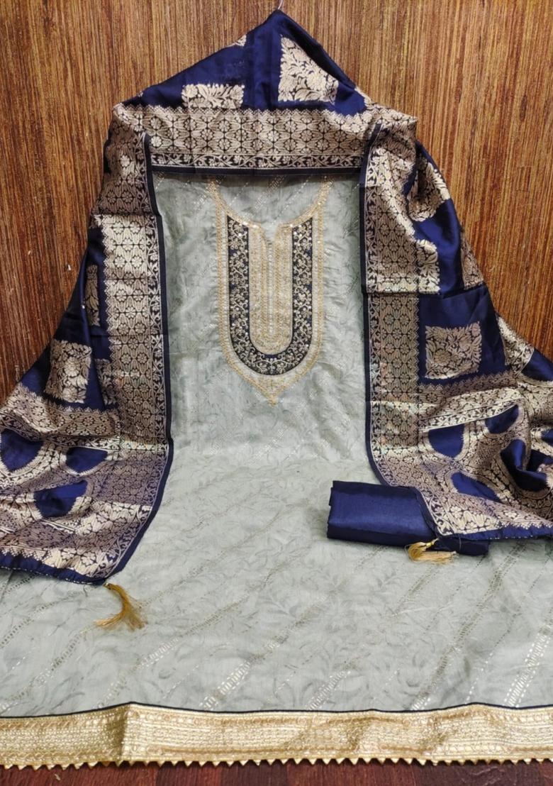 Teal Blue Solid Chanderi Dress Material