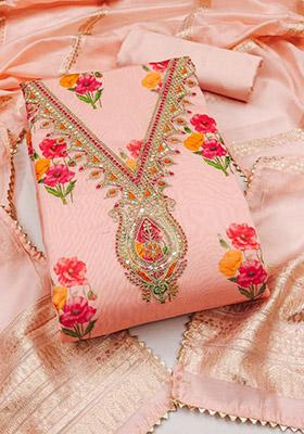 Peach Solid Chanderi Dress Material