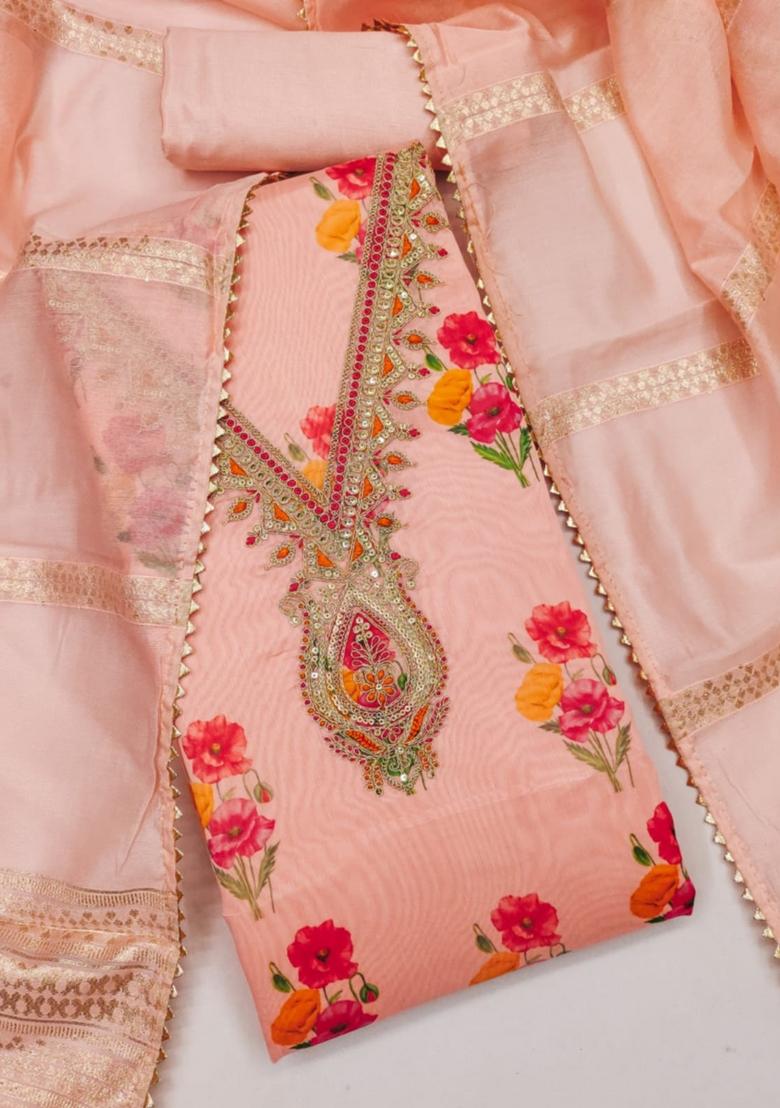 Peach Solid Chanderi Dress Material