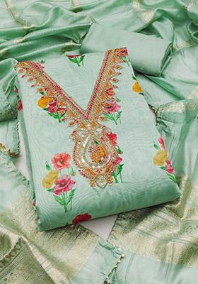 Olive Green Solid Chanderi Dress Material