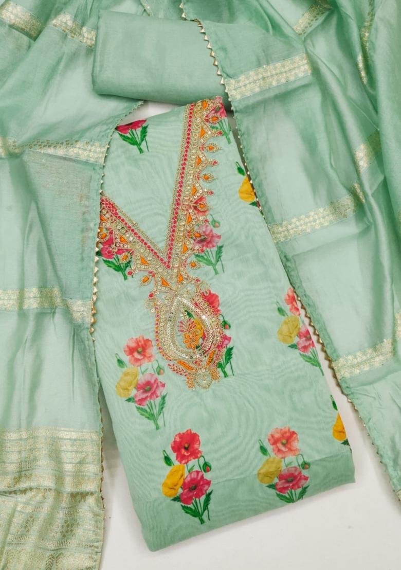 Olive Green Solid Chanderi Dress Material