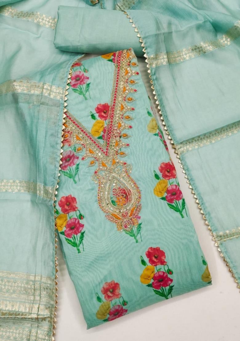 Teal Blue Solid Chanderi Dress Material