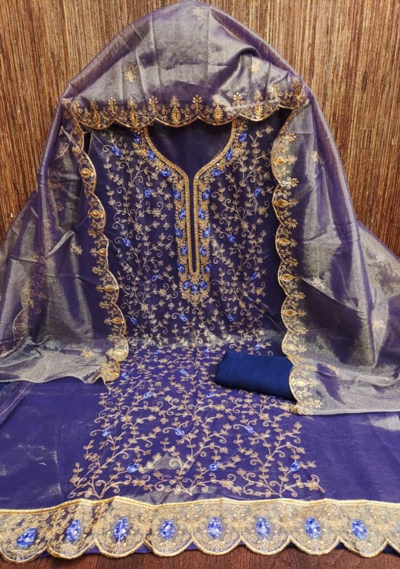 Blue Solid Organza Dress Material