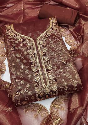 Brown Solid Organza Dress Material