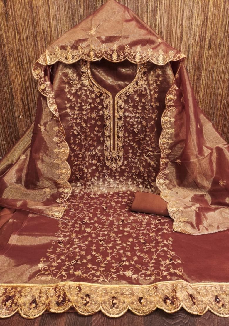 Brown Solid Organza Dress Material