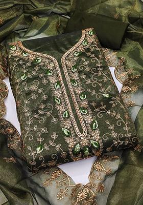 Green Solid Organza Dress Material