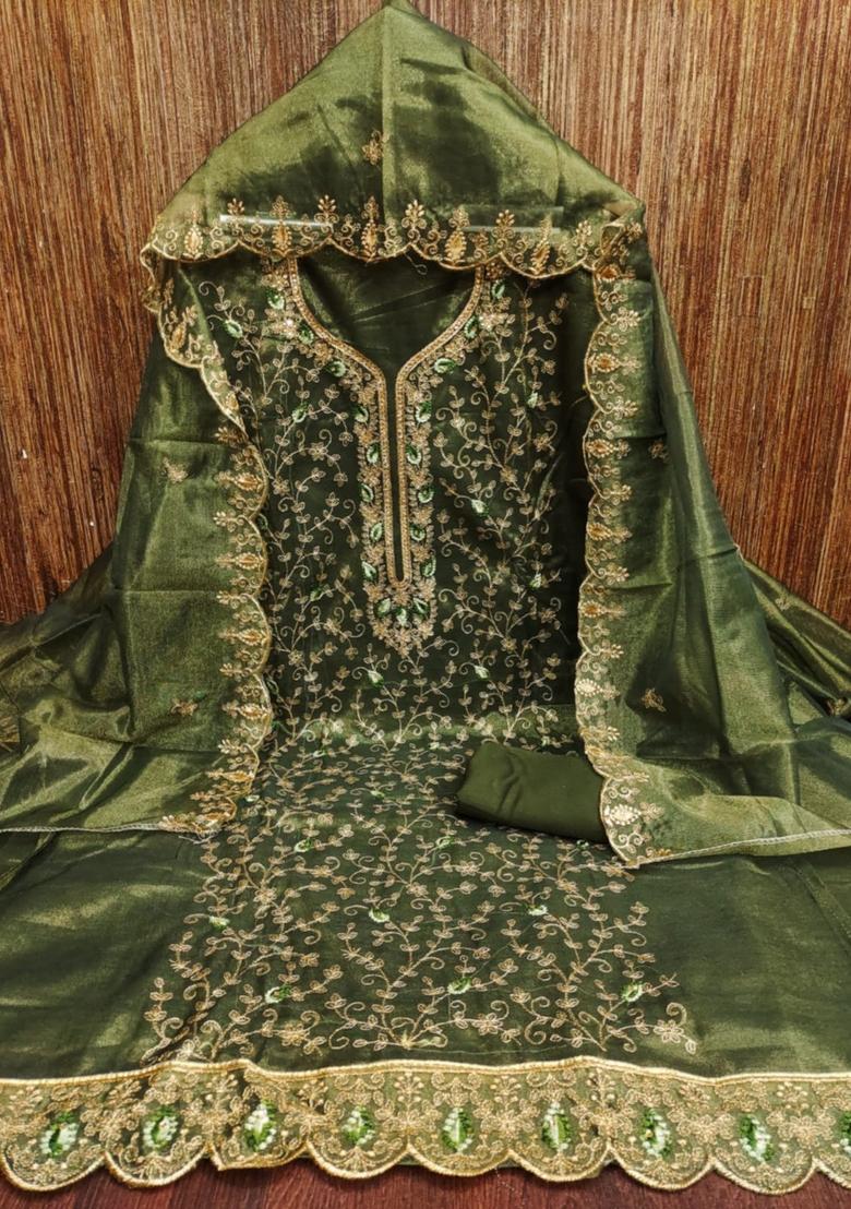 Green Solid Organza Dress Material