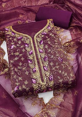 Wine Solid Organza Dress Material