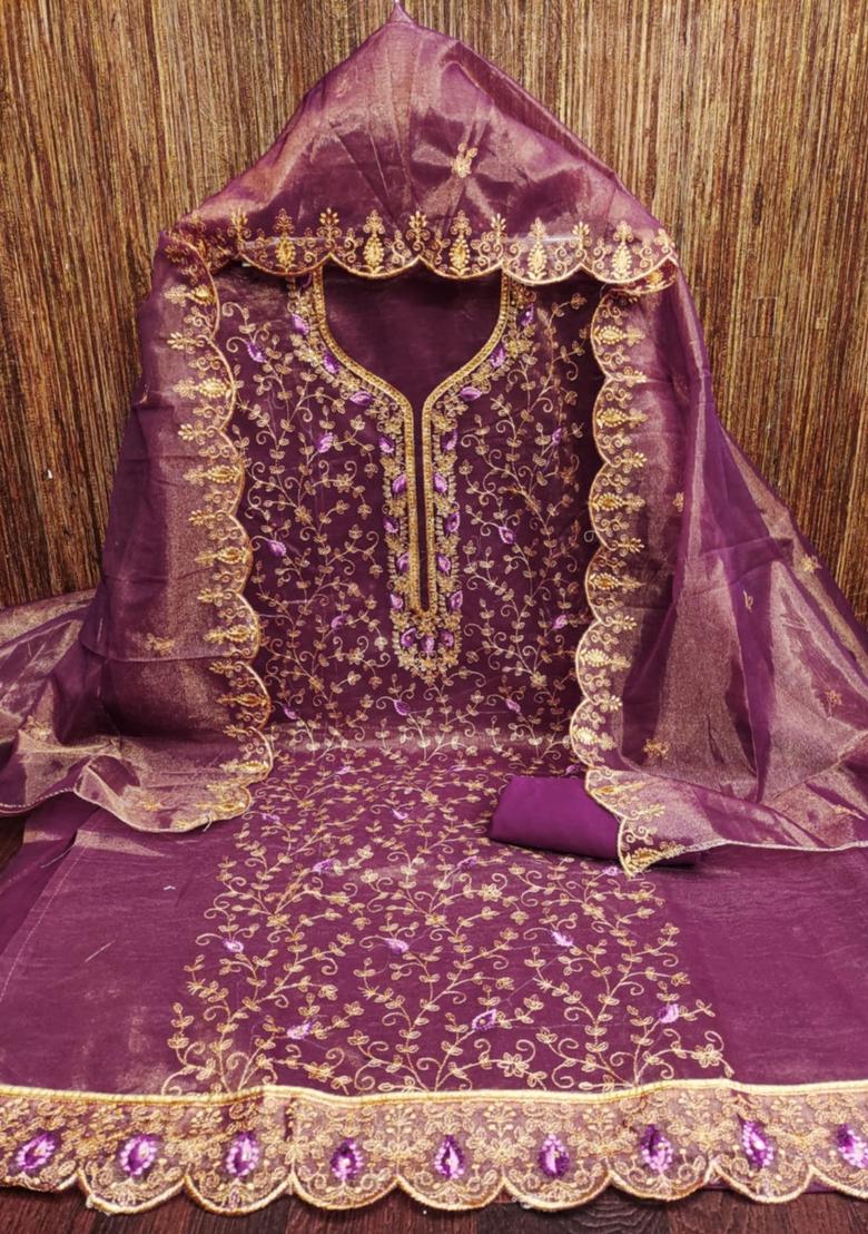 Wine Solid Organza Dress Material