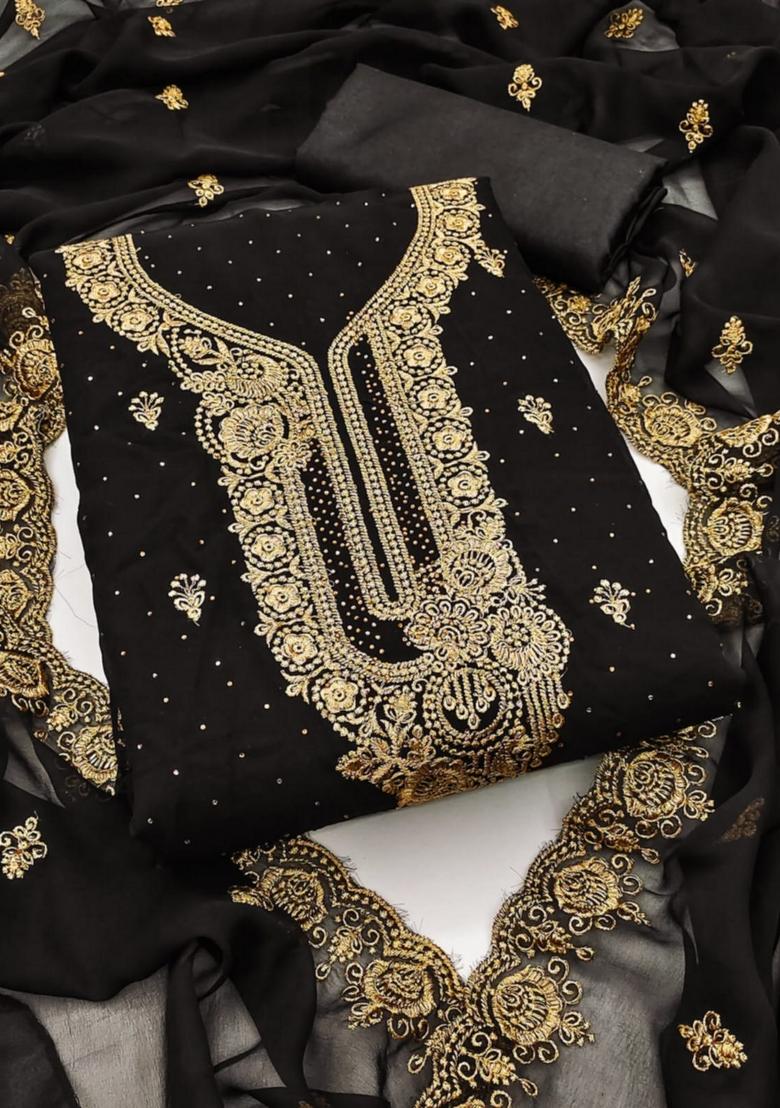 Black Solid Georgette Dress Material