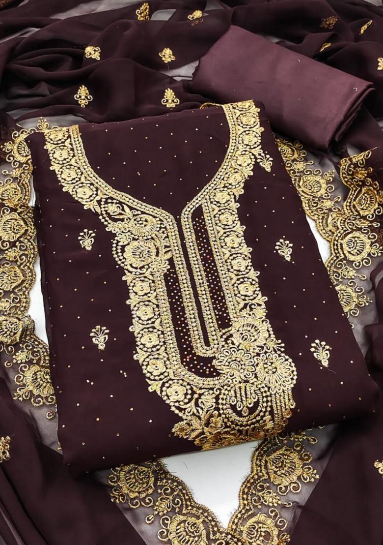 Brown Solid Georgette Dress Material