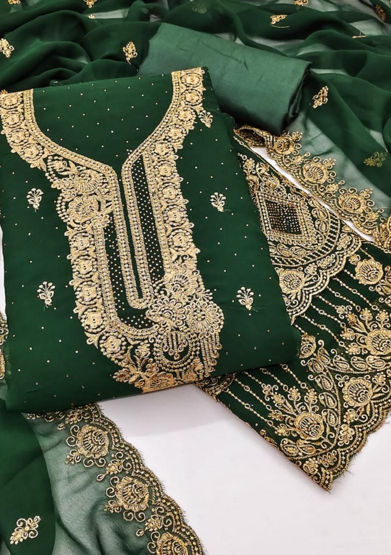 Green Solid Georgette Dress Material