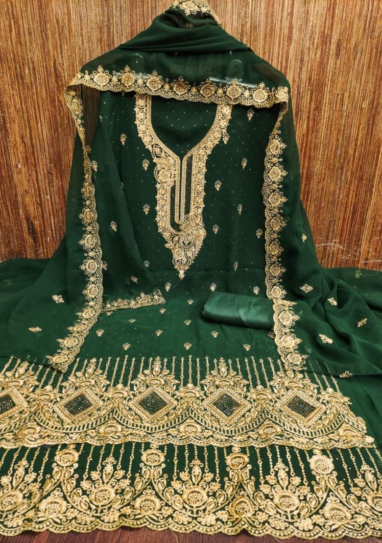 Green Solid Georgette Dress Material