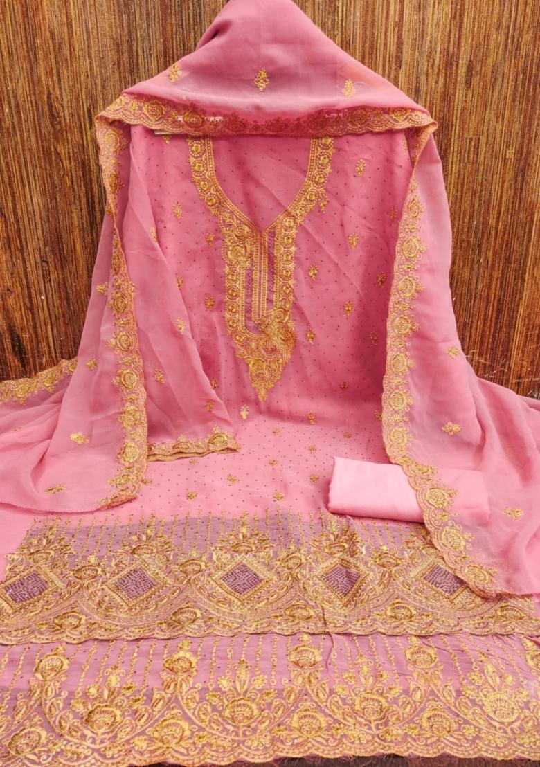 Pink Solid Georgette Dress Material