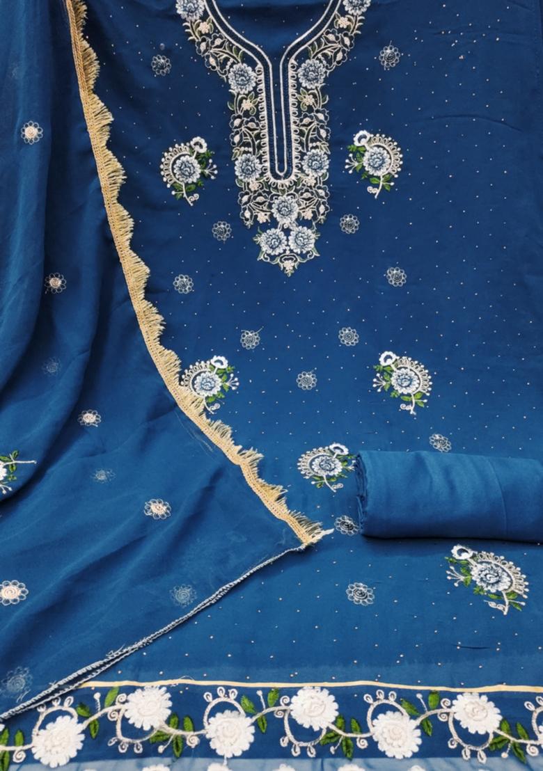 Blue Solid Georgette Dress Material