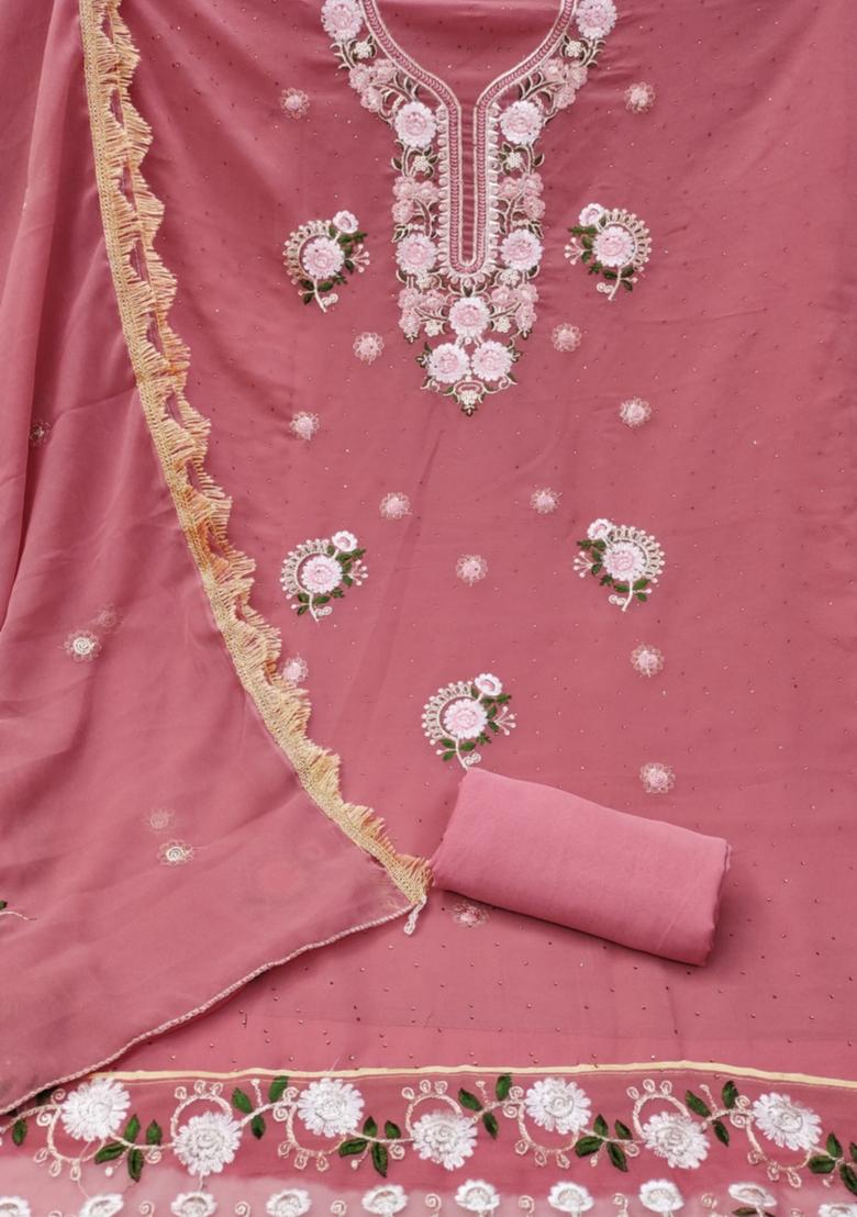 Pink Solid Georgette Dress Material