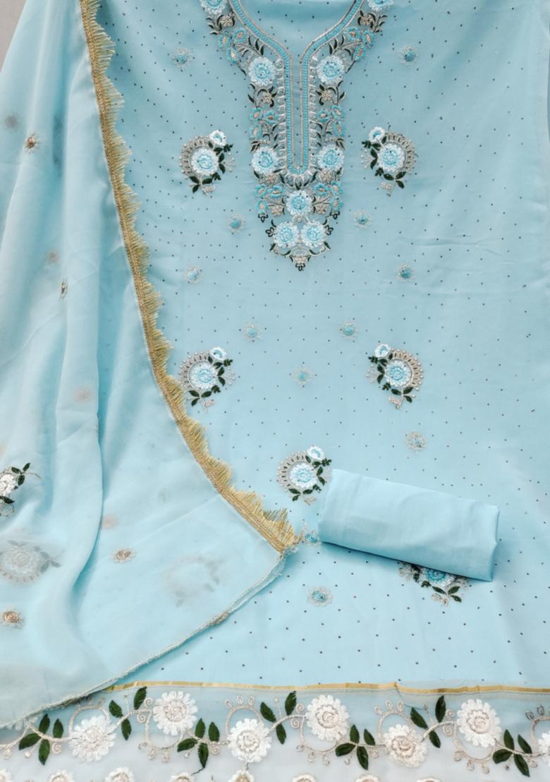 Teal Blue Solid Georgette Dress Material