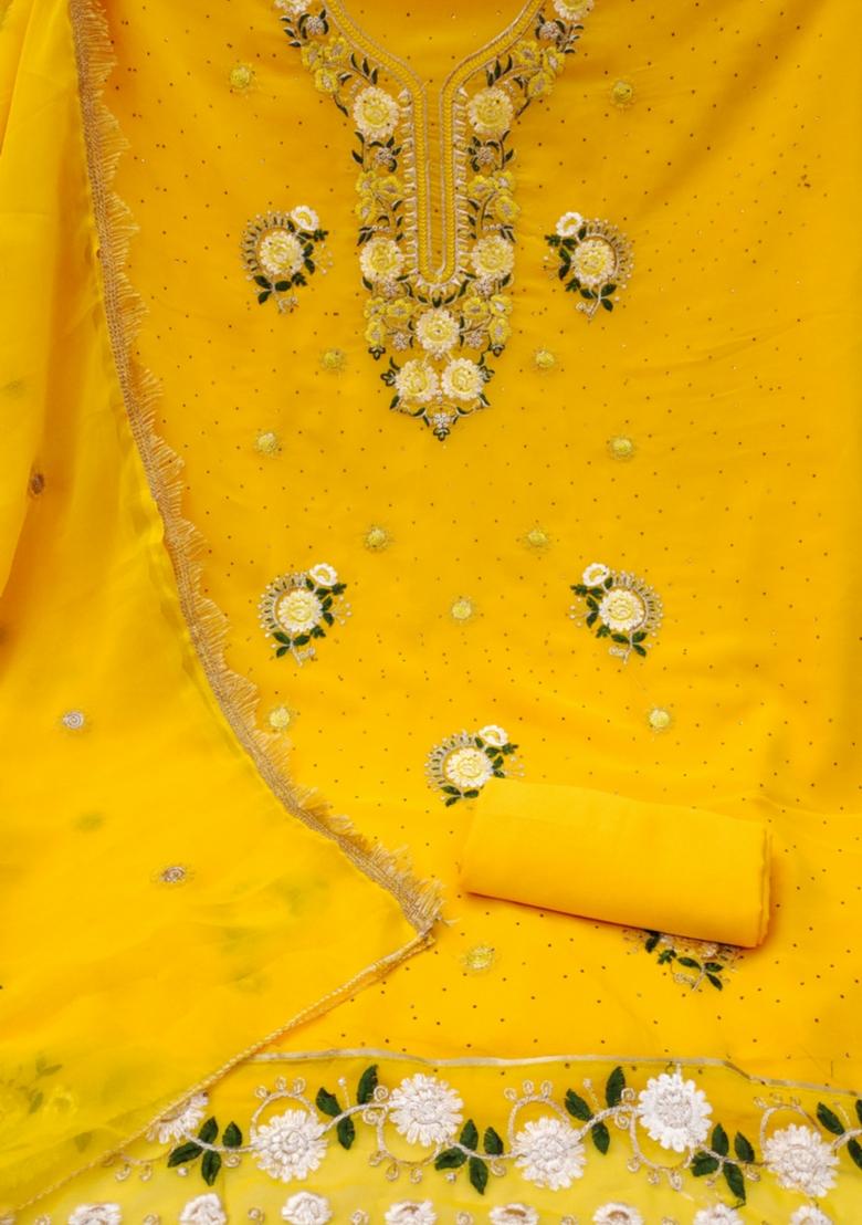 Yellow Solid Georgette Dress Material