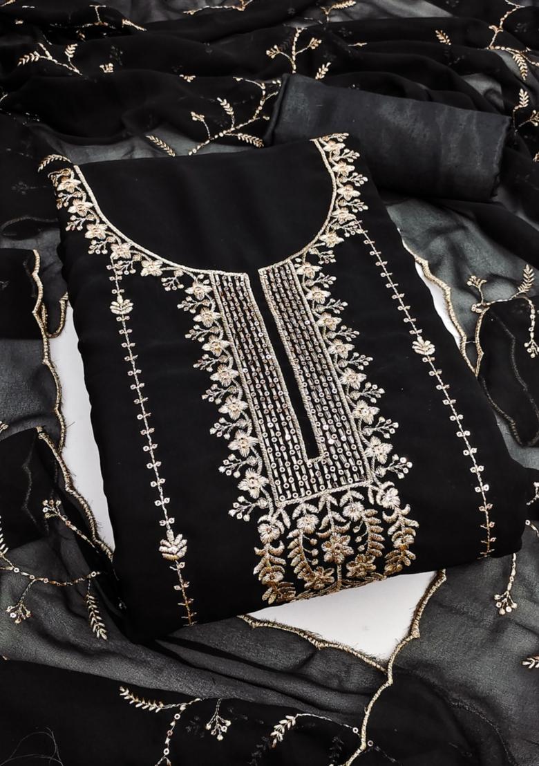 Black Solid Georgette Dress Material