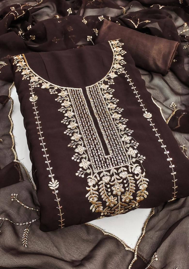 Brown Solid Georgette Dress Material