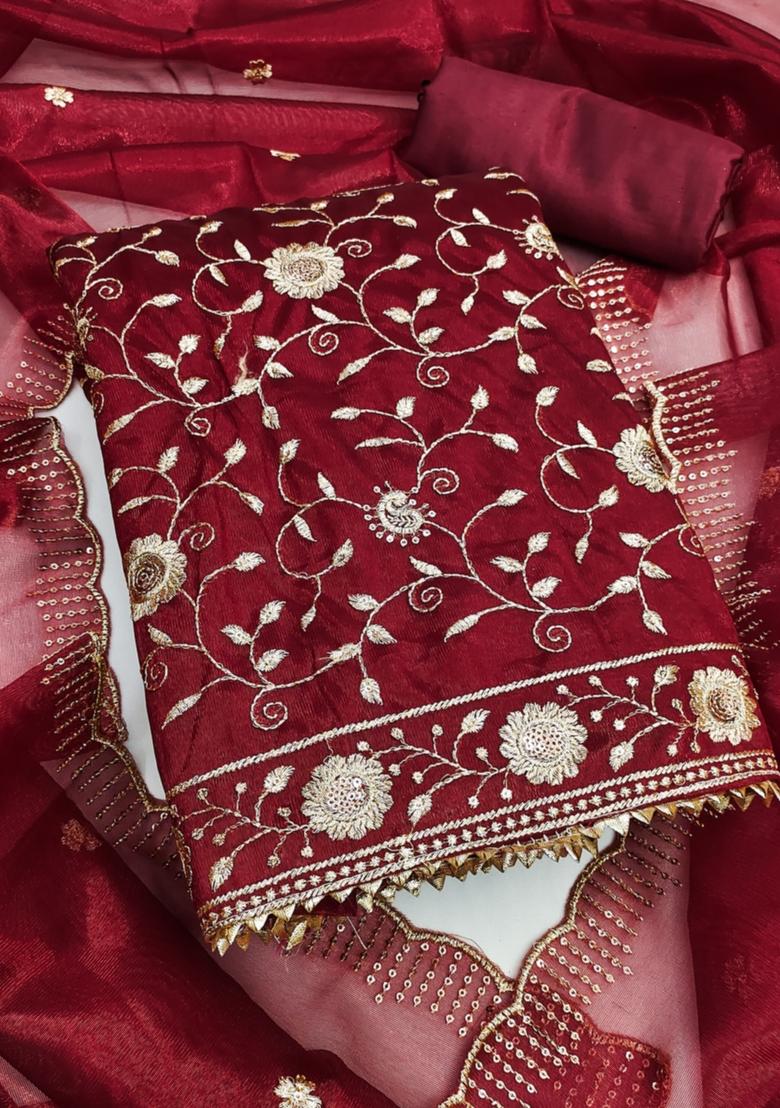 Maroon Solid Net Dress Material