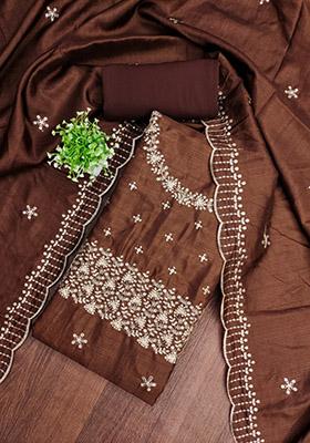 Brown Solid Silk Dress Material