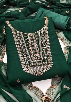 Green Solid Georgette Dress Material