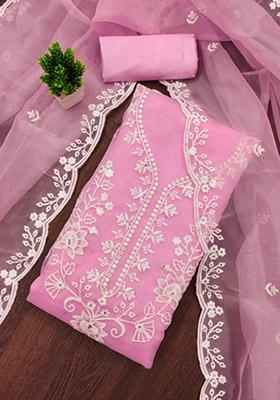 Pink Solid Organza Dress Material
