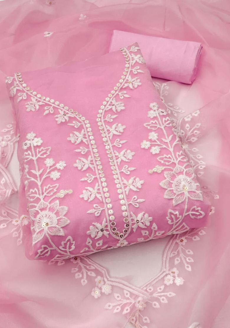 Pink Solid Organza Dress Material