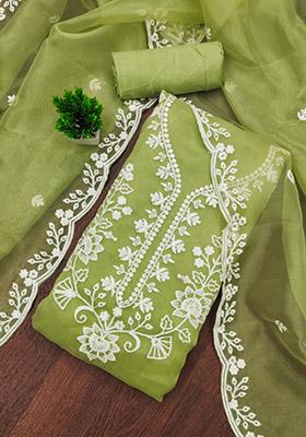 Green Solid Organza Dress Material