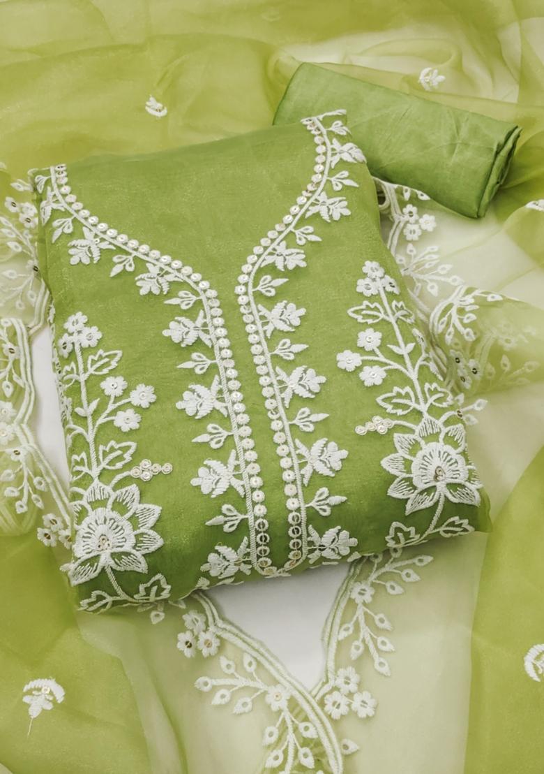 Green Solid Organza Dress Material
