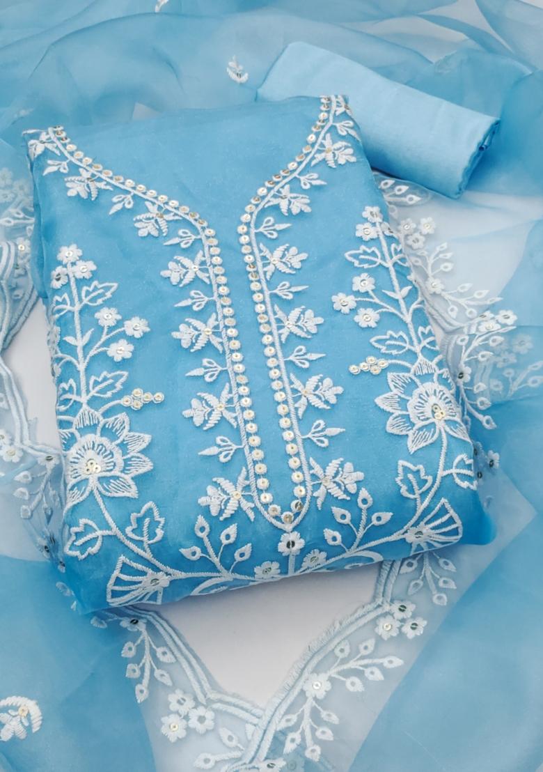 Teal Blue Solid Organza Dress Material