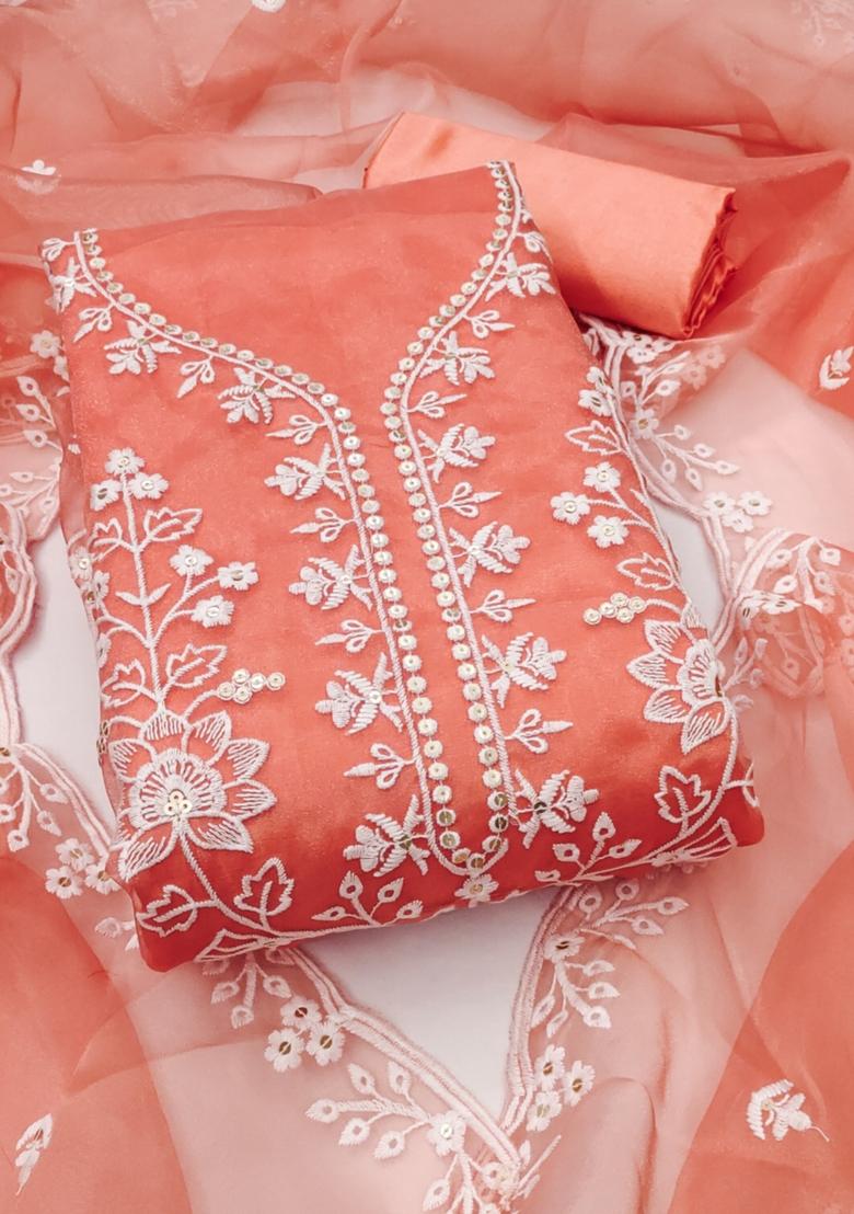 Orange Solid Organza Dress Material