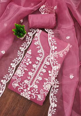 Pink Solid Organza Dress Material