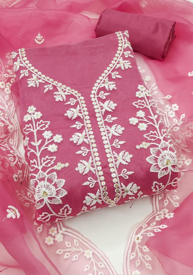 Pink Solid Organza Dress Material