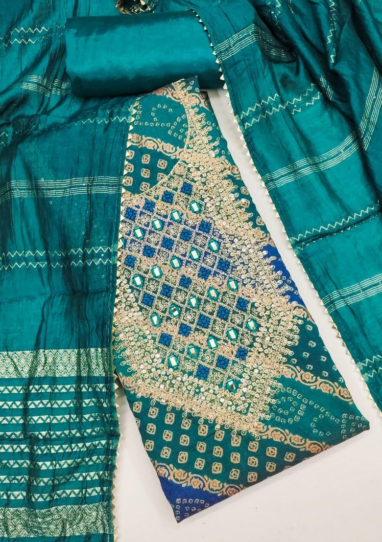 Teal Blue Solid Chanderi Dress Material