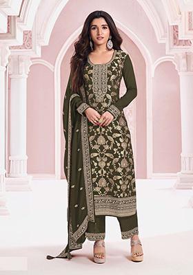 Mahendi Green Embroidered Jacquard Salwar Kameez