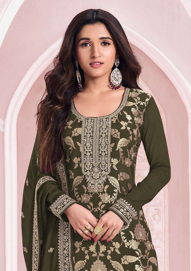 Mahendi Green Embroidered Jacquard Salwar Kameez