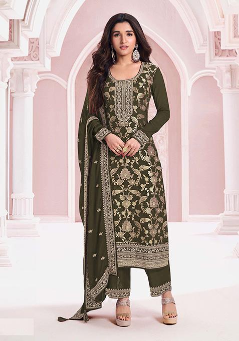 Mahendi Green Embroidered Jacquard Salwar Kameez